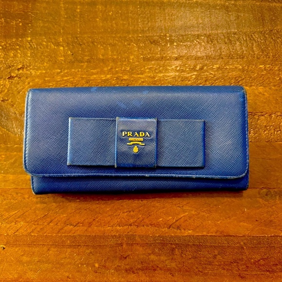 Prada Saffiano Leather Blue Ribbon Gold Long‎ Wallet Guaranteed 100% Authentic - Picture 1 of 15